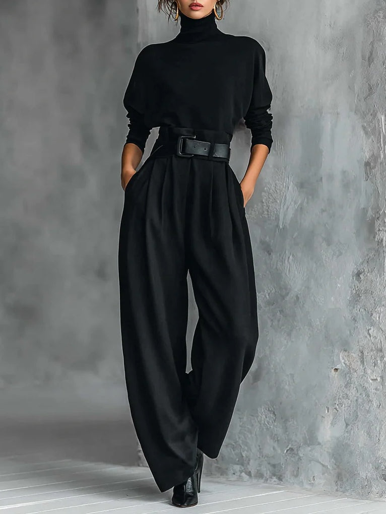 All-black Turtleneck T-shirt Pants Two-piece Set