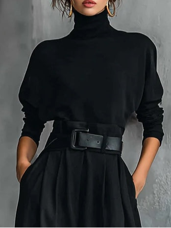 All-black Turtleneck T-shirt Pants Two-piece Set