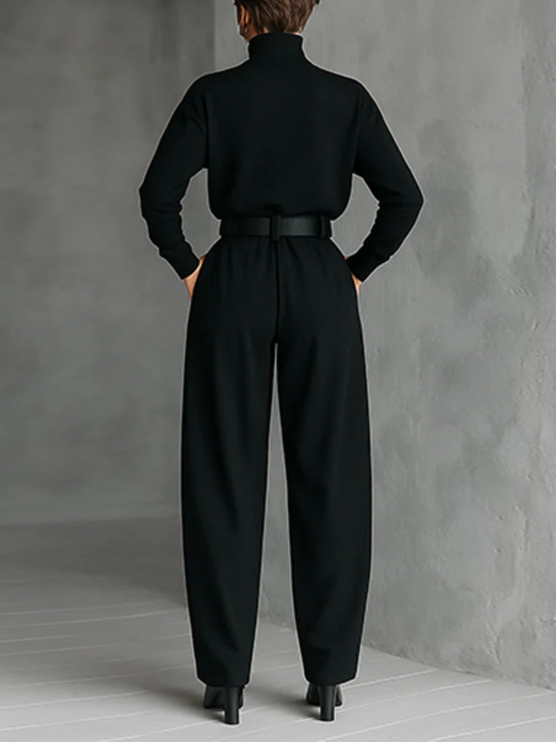 All-black Turtleneck T-shirt Pants Two-piece Set
