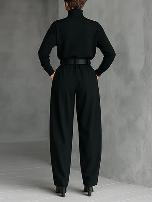 All-black Turtleneck T-shirt Pants Two-piece Set