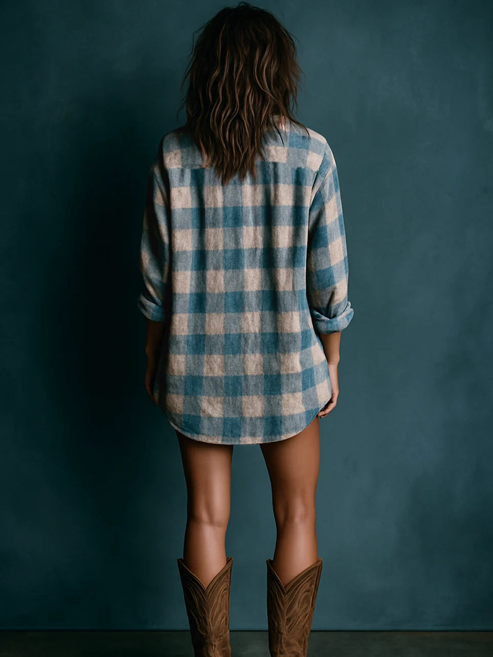 Blue White Loose Plaid Long Sleeve Mini Dress