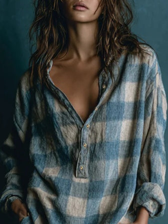 Blue White Loose Plaid Long Sleeve Mini Dress