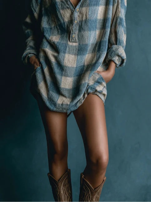 Blue White Loose Plaid Long Sleeve Mini Dress
