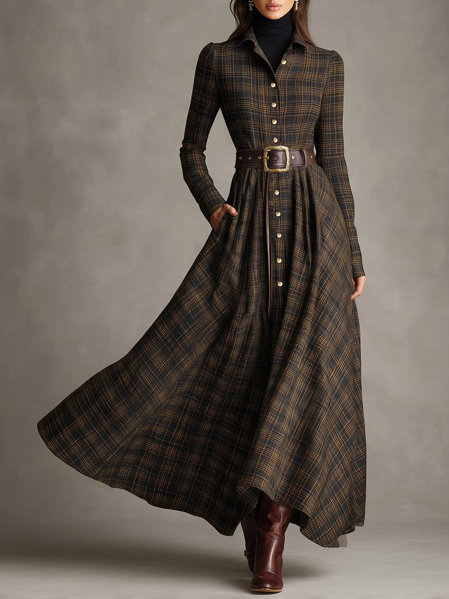Brown Black Plaid Lapel Shirt Long Dress