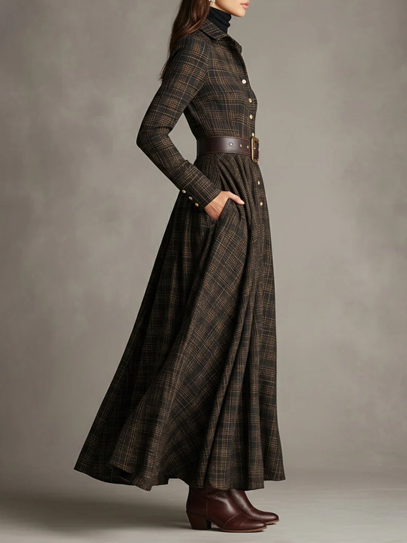 Brown Black Plaid Lapel Shirt Long Dress