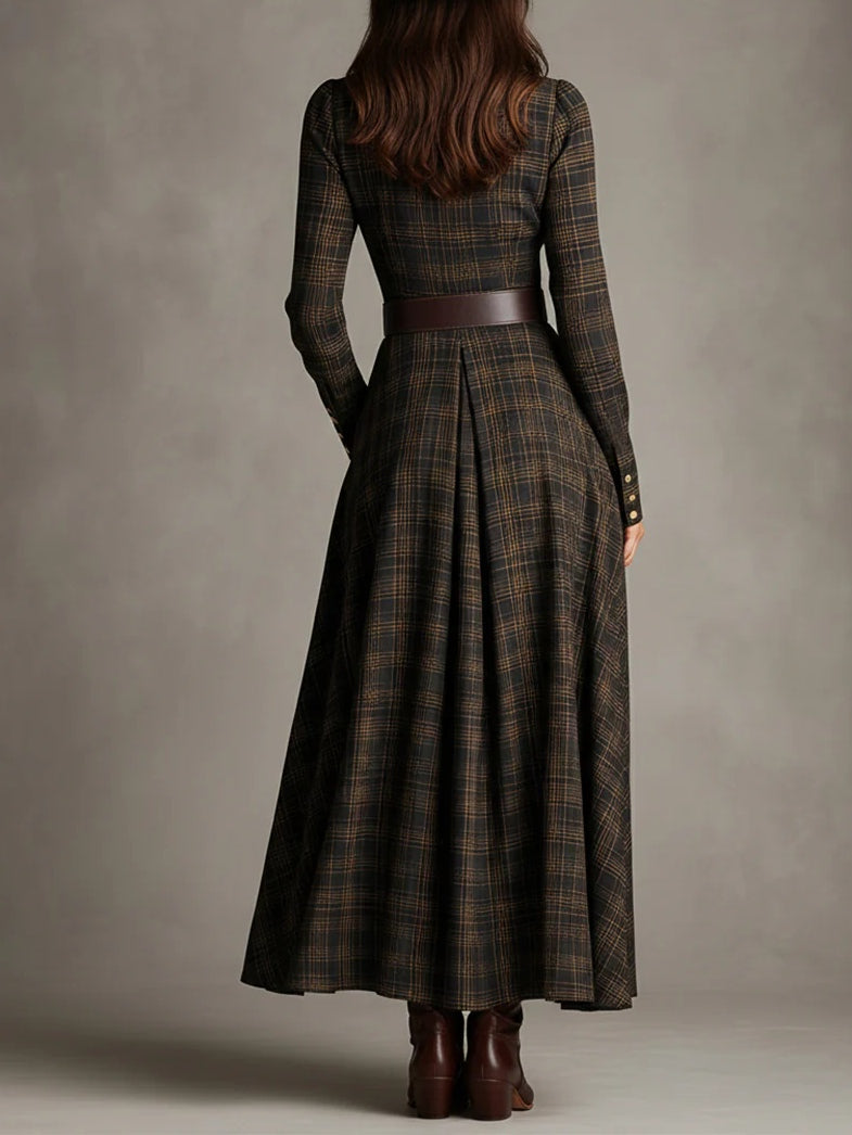 Brown Black Plaid Lapel Shirt Long Dress