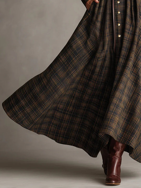 Brown Black Plaid Lapel Shirt Long Dress