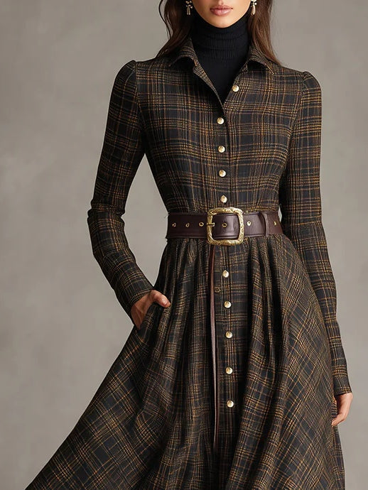 Brown Black Plaid Lapel Shirt Long Dress