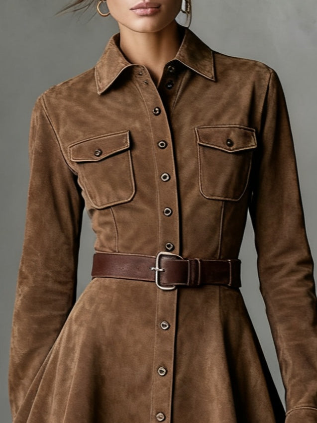 Playful Suede Single-breasted Lapel Mini Dress
