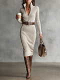 Slim Fit Turtleneck V-Neck Long Sleeve Midi Dress