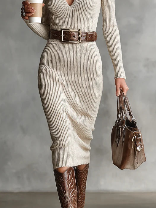 Slim Fit Turtleneck V-Neck Long Sleeve Midi Dress