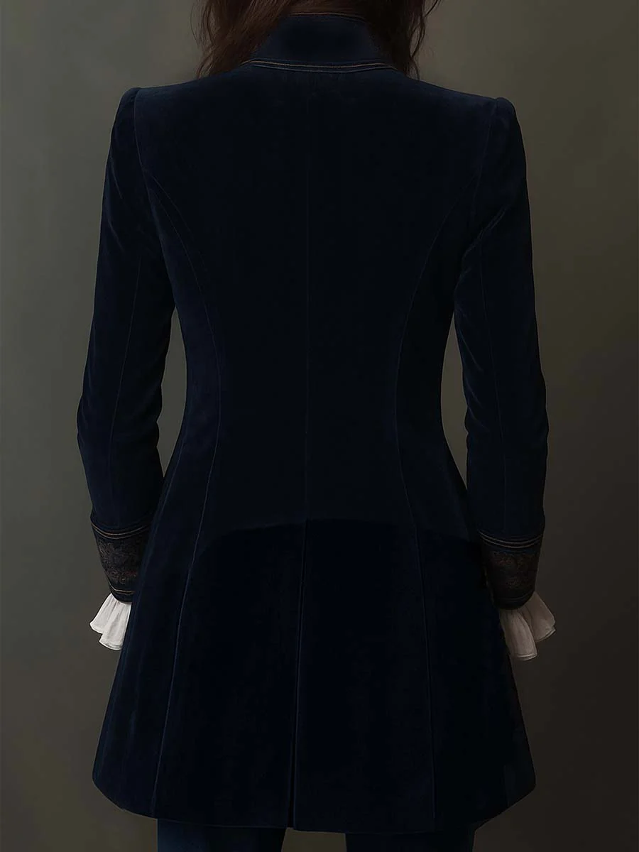 Vintage Navy Velvet Embroidered Long Jacket