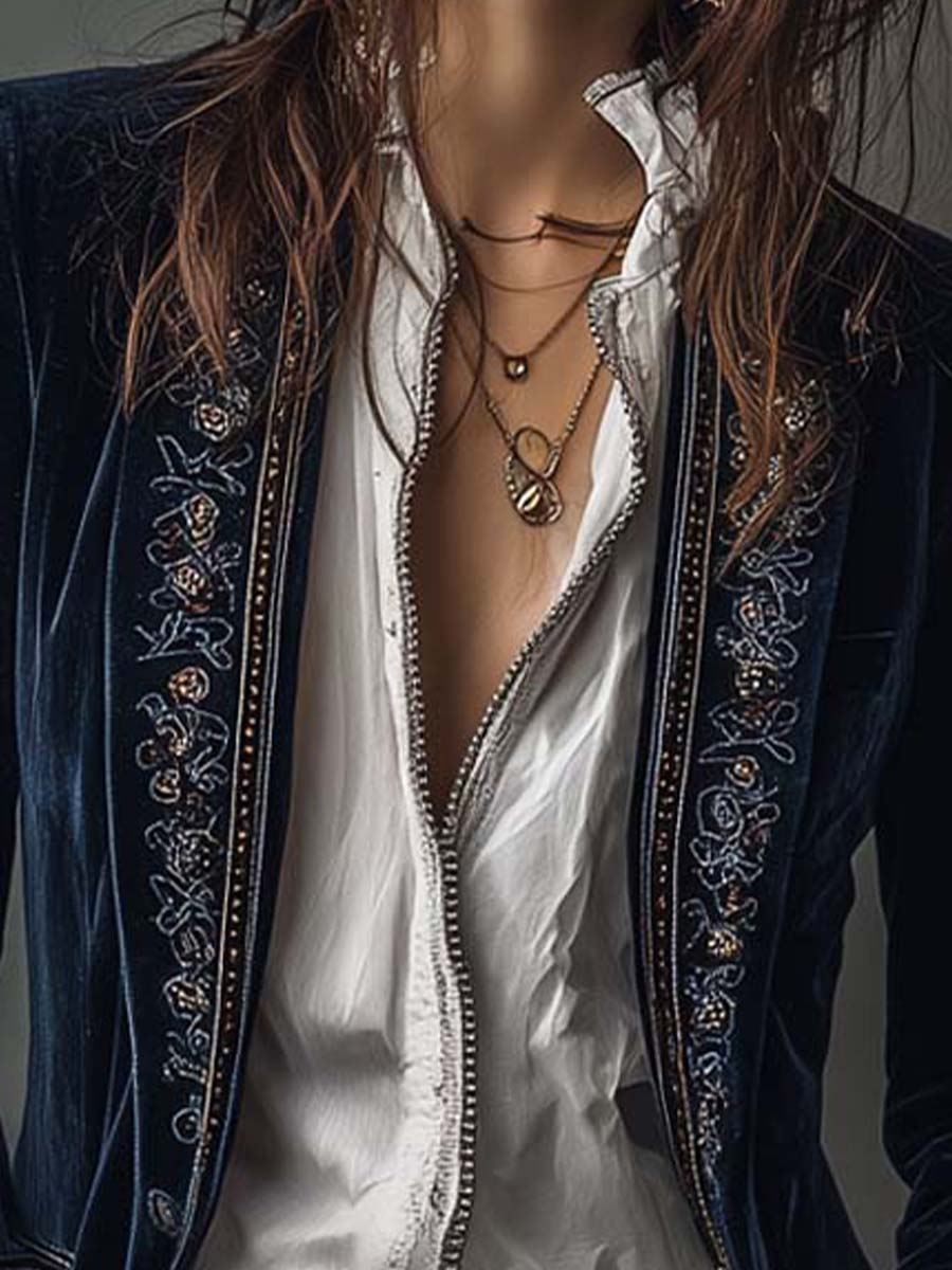 Vintage Navy Velvet Embroidered Long Jacket