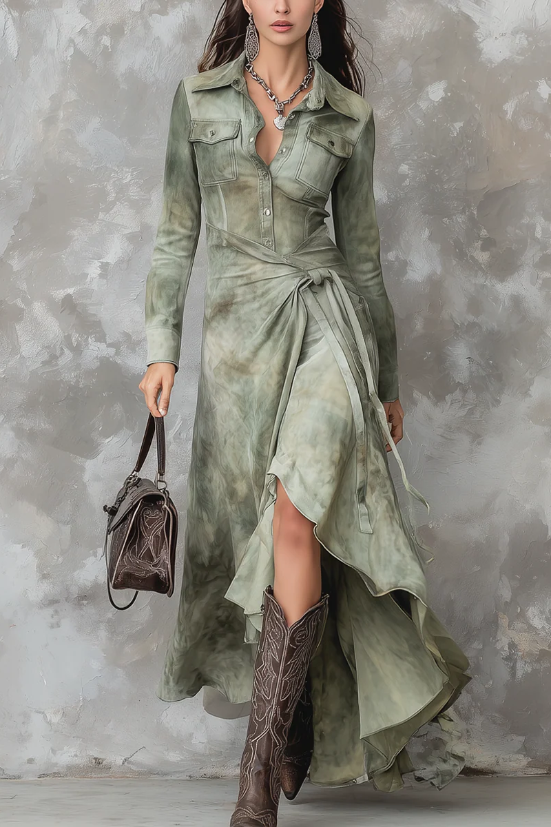 Vintage Sage Green Tie-Dye Slim Suede Maxi Dress