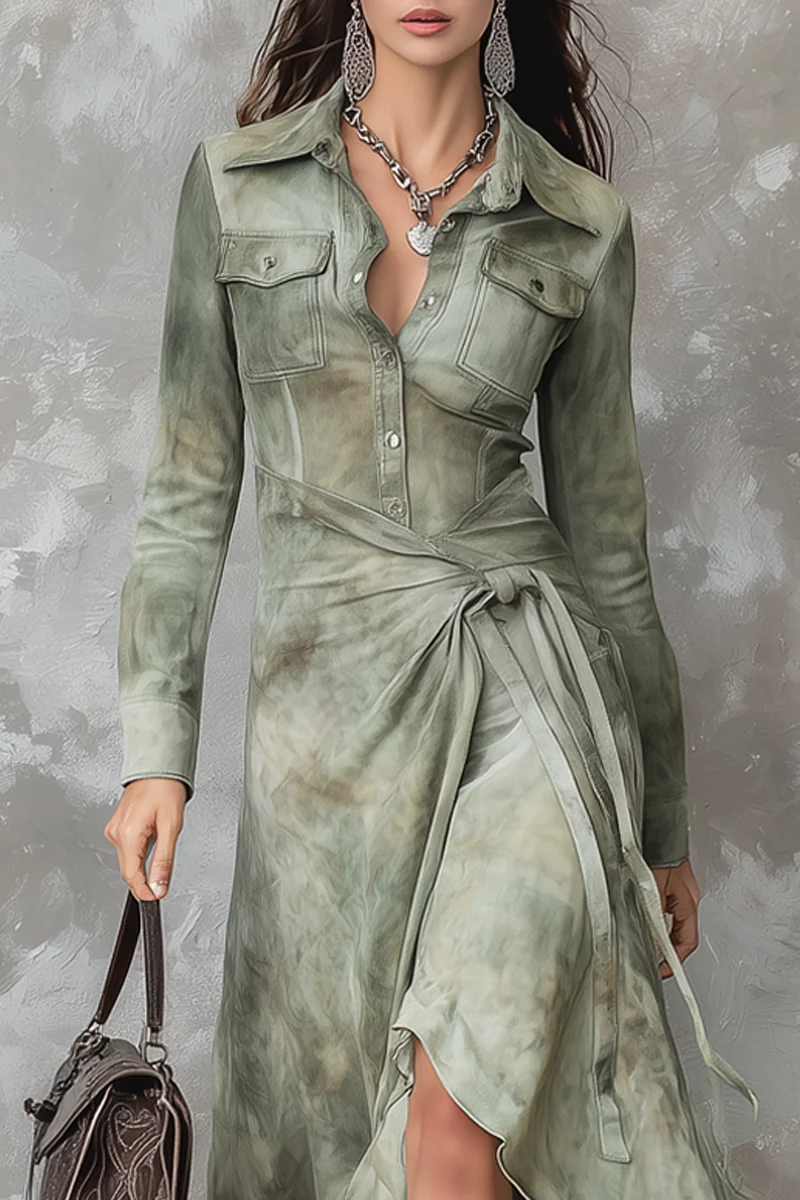 Vintage Sage Green Tie-Dye Slim Suede Maxi Dress