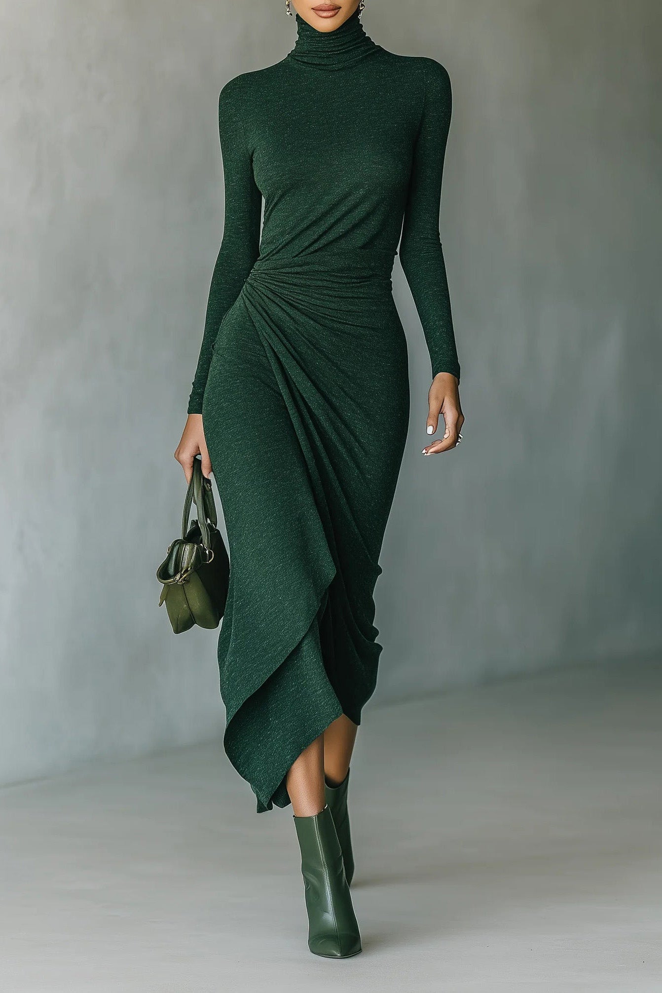 Dark Green Turtleneck Pleated Wrap Midi Dress