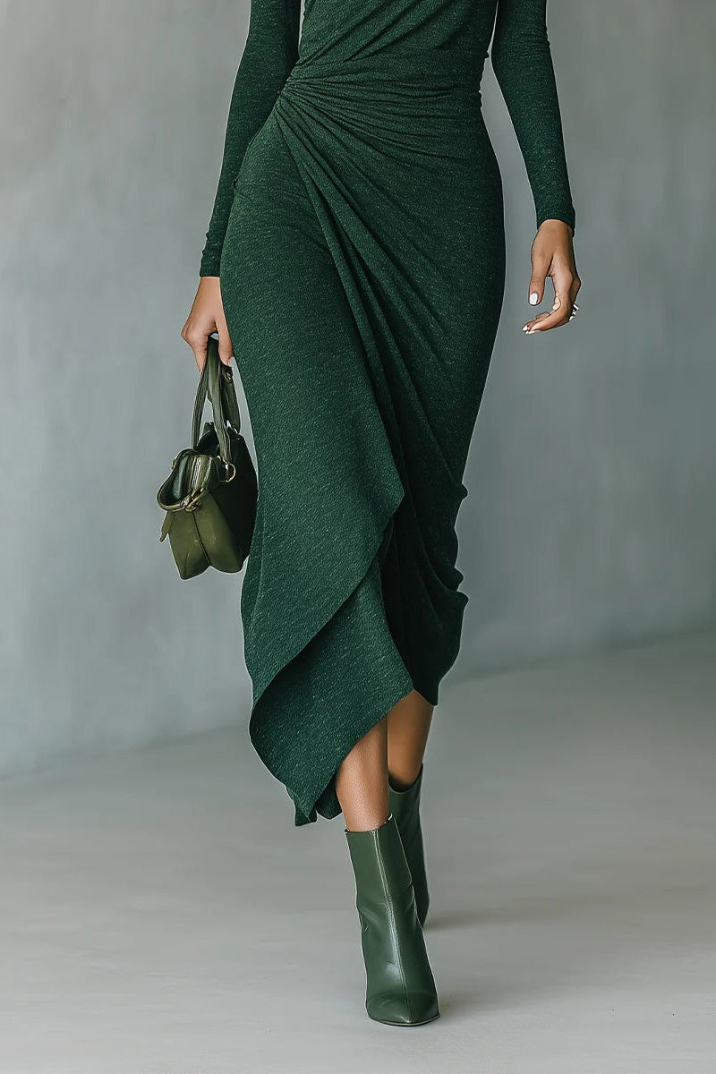 Dark Green Turtleneck Pleated Wrap Midi Dress