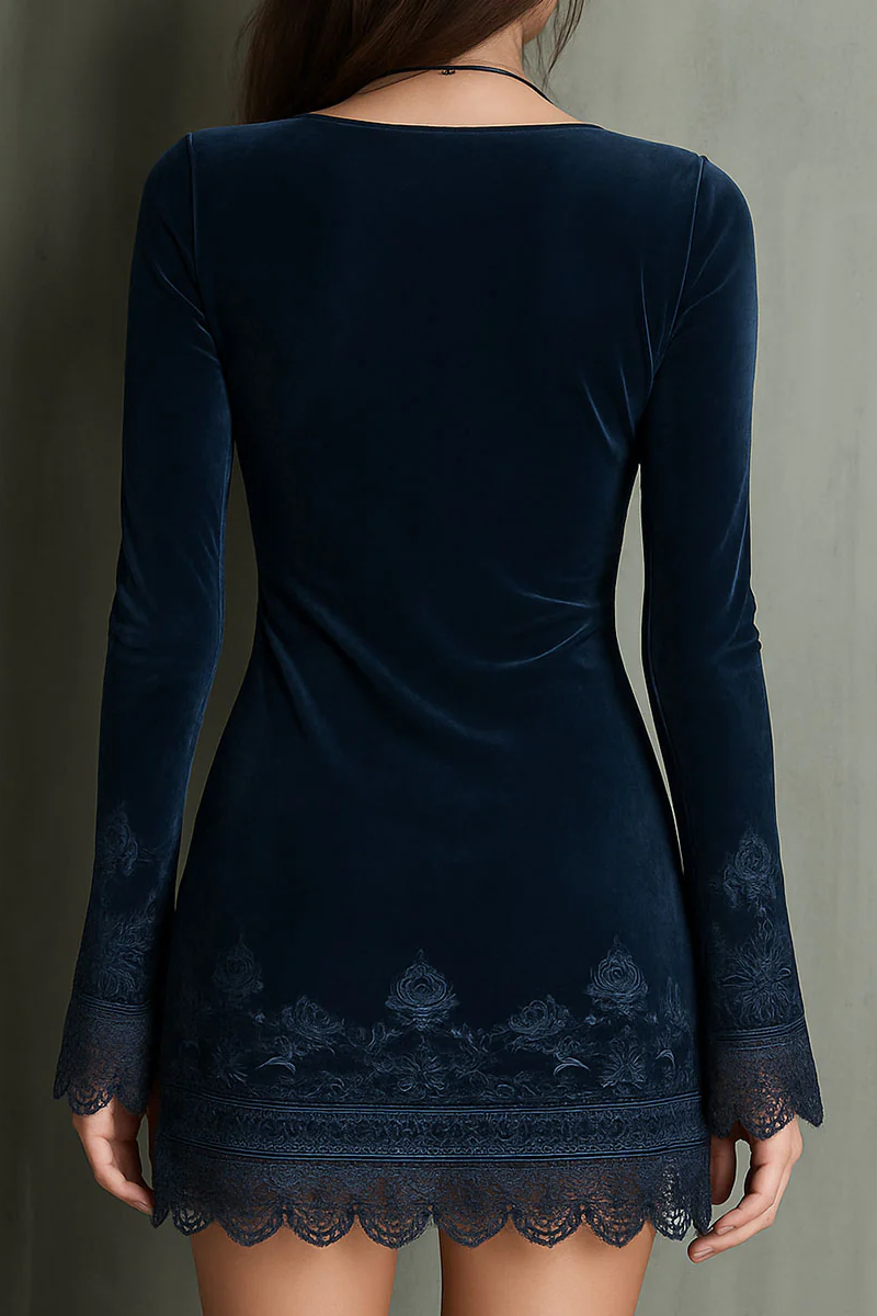 Navy Blue V-neck Embroidered Velvet Mini Dress