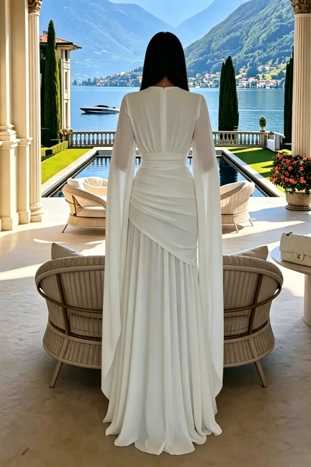 White V-Neck Cape Sleeve Ruched Waist Maxi Dress
