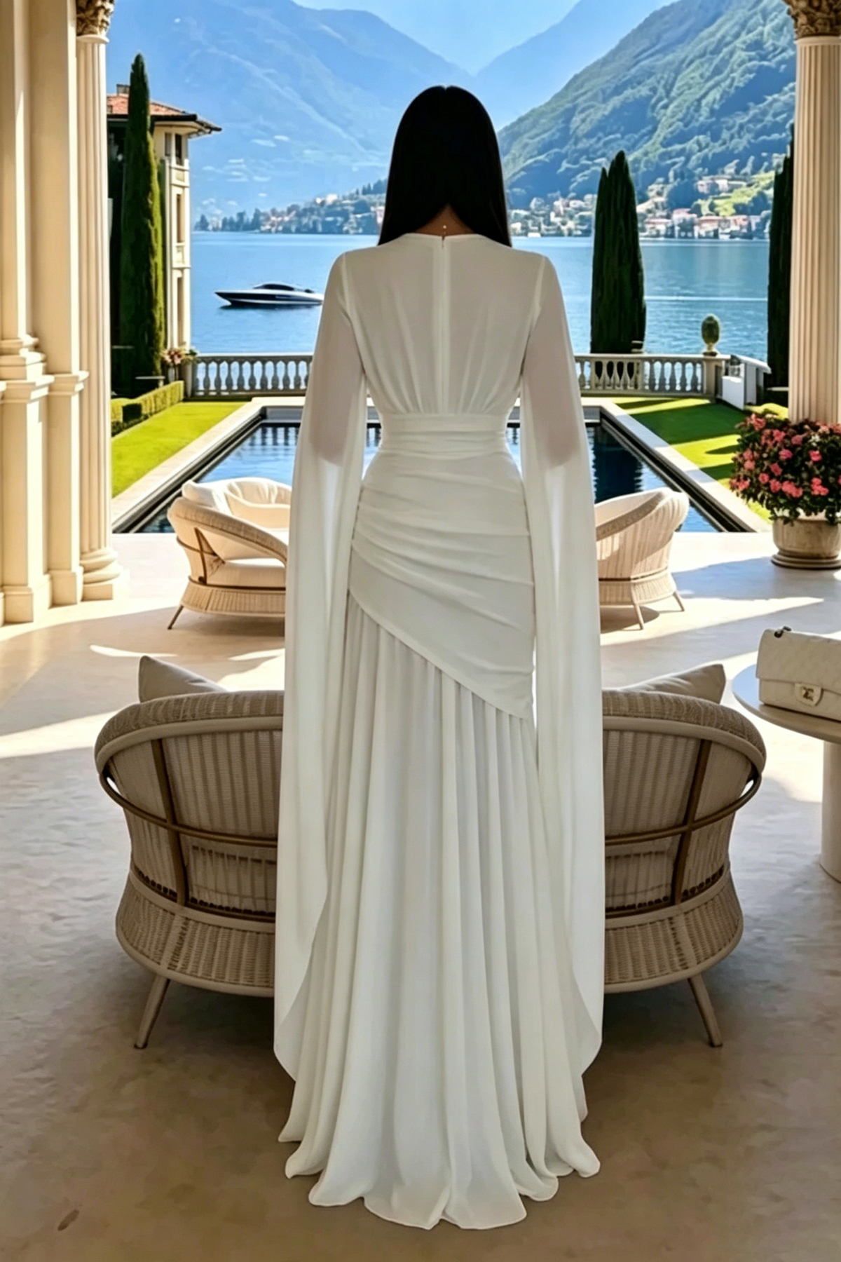 White V-Neck Cape Sleeve Ruched Waist Maxi Dress