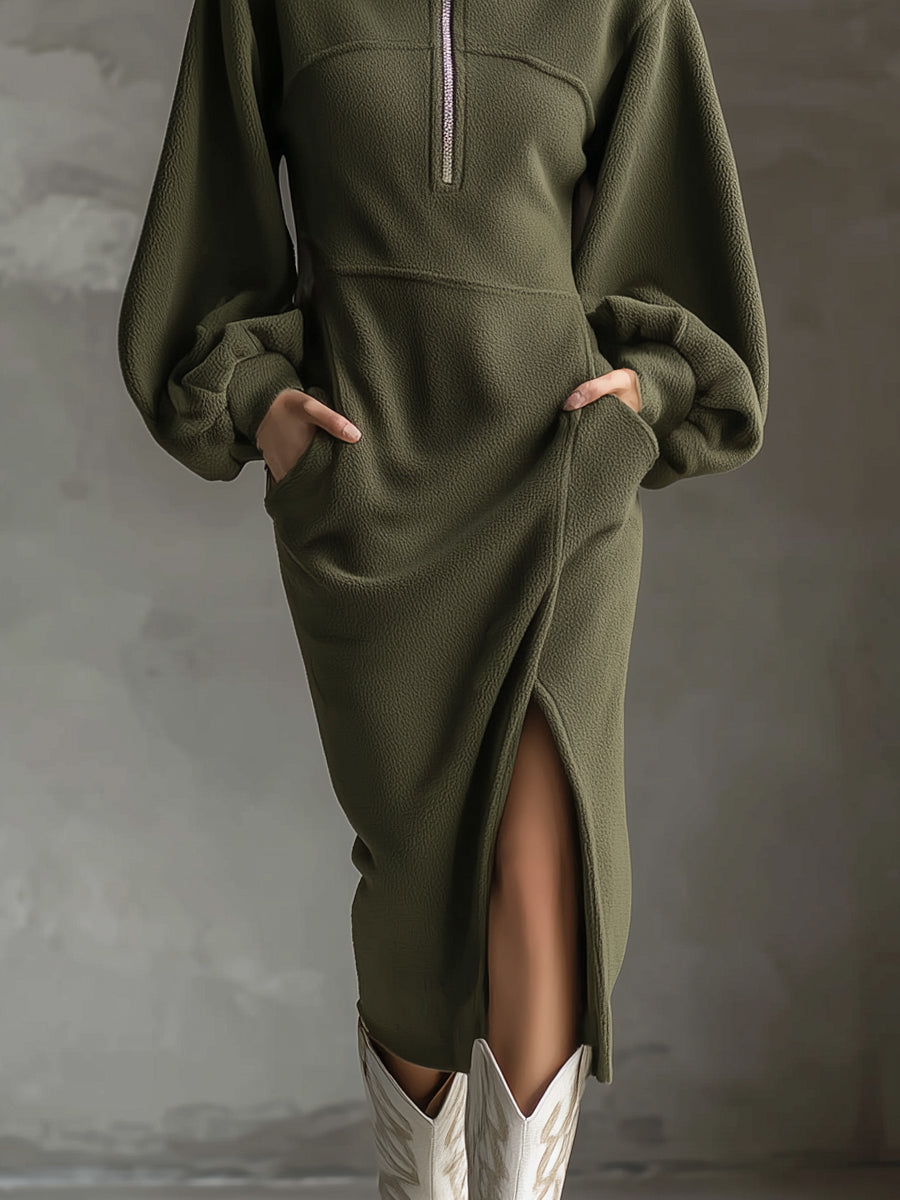 Soft Polar Fleece Lantern Sleeves Slit Midi Dress