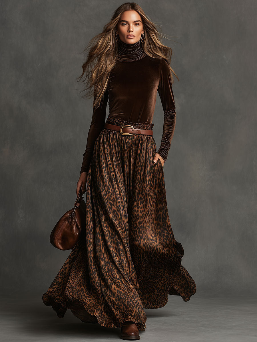 Turtleneck Velvet Top Leopard Print Skirt Set