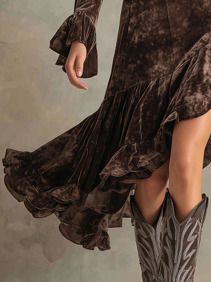 High-neck Long-sleeved Bell Velvet Midi Dress