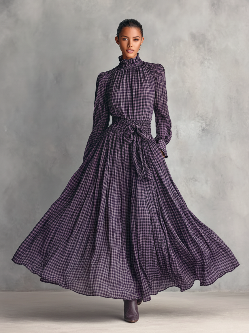 Plaid Blended Half-high Collar Blouse Skirt Set