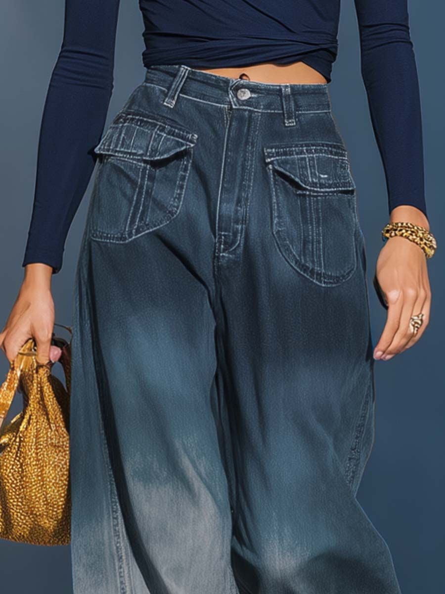 Gradient Washed Denim Blue Gray Loose Pants