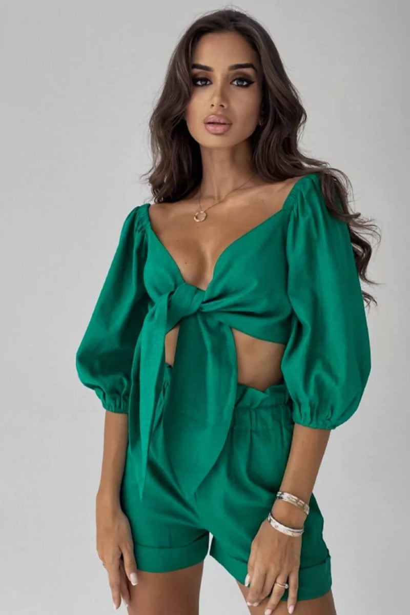 Linen Wrap Front Puff Sleeve Shorts Sets In Green