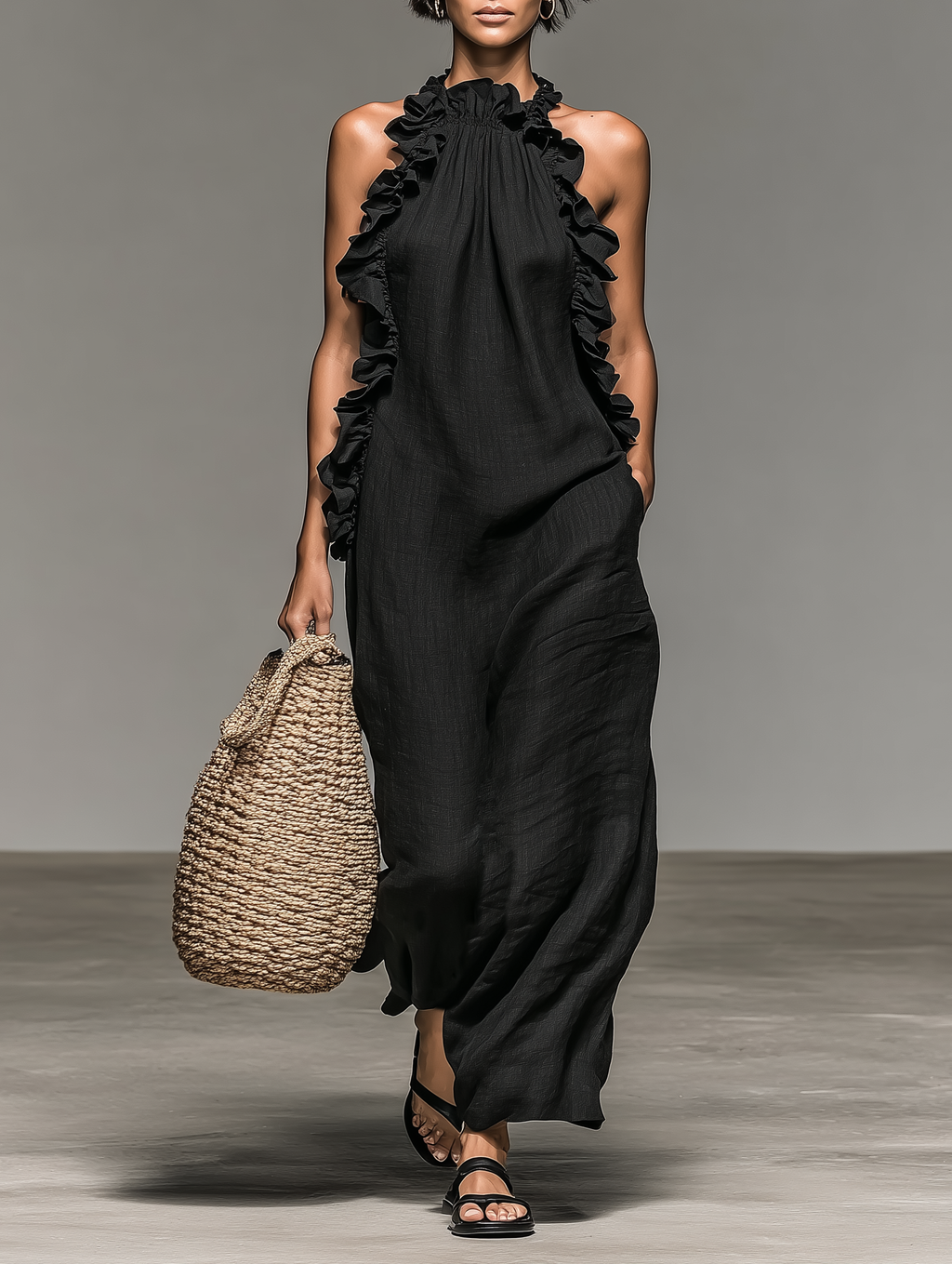 Linen Sleeveless Ruffle Maxi Dress