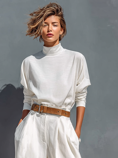 All White Half Long Sleeve Loose Two-piece Set