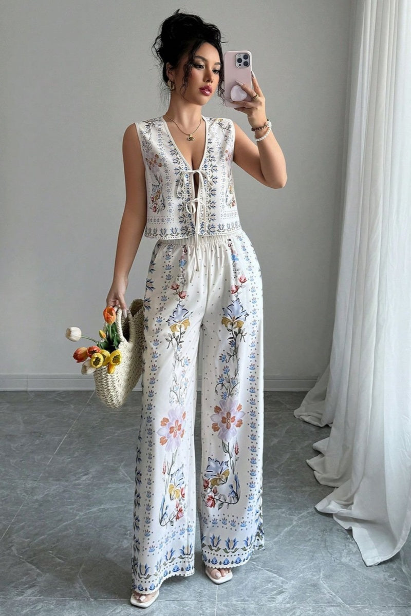 Tie-Up Vest & Wide-Leg Pants Set - Sky Blue Print