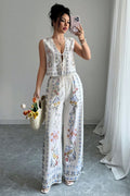 Tie-Up Vest & Wide-Leg Pants Set - Sky Blue Print
