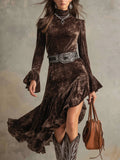 High-neck Long-sleeved Bell Velvet Midi Dress