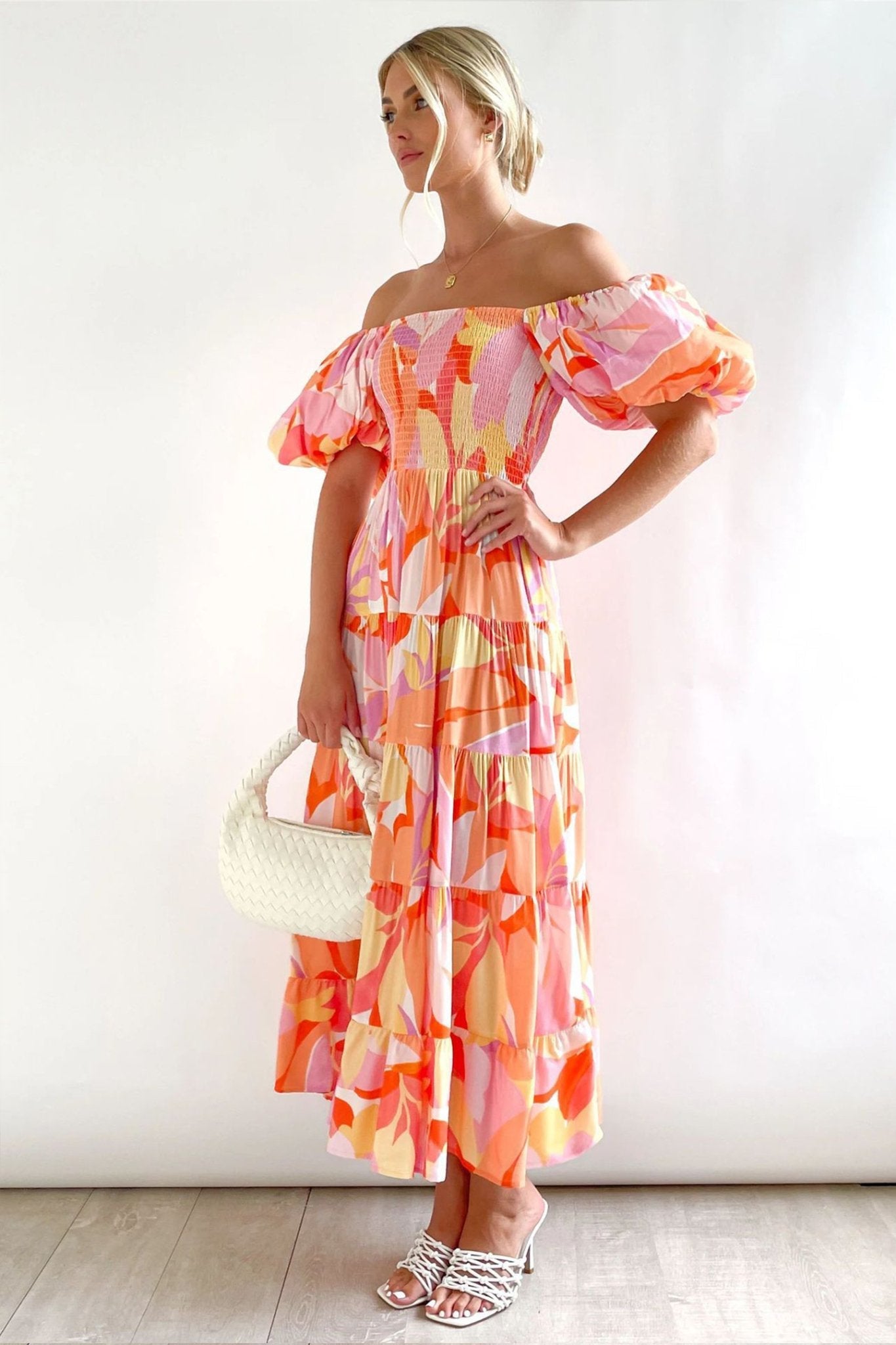 Printed Off-shoulder Puff Sleeve Maxi Dress