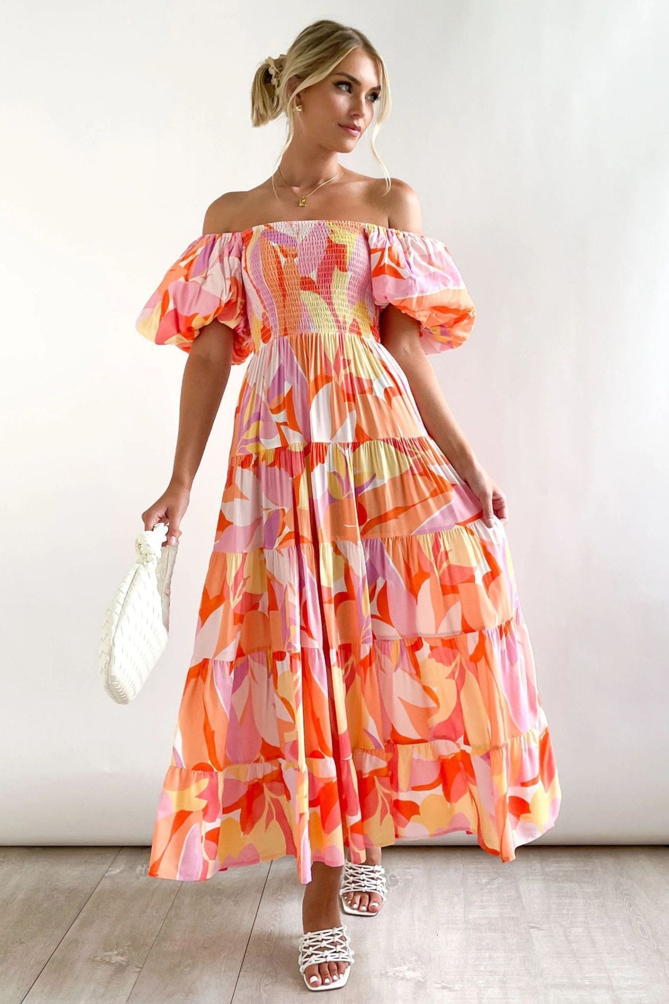 Printed Off-shoulder Puff Sleeve Maxi Dress