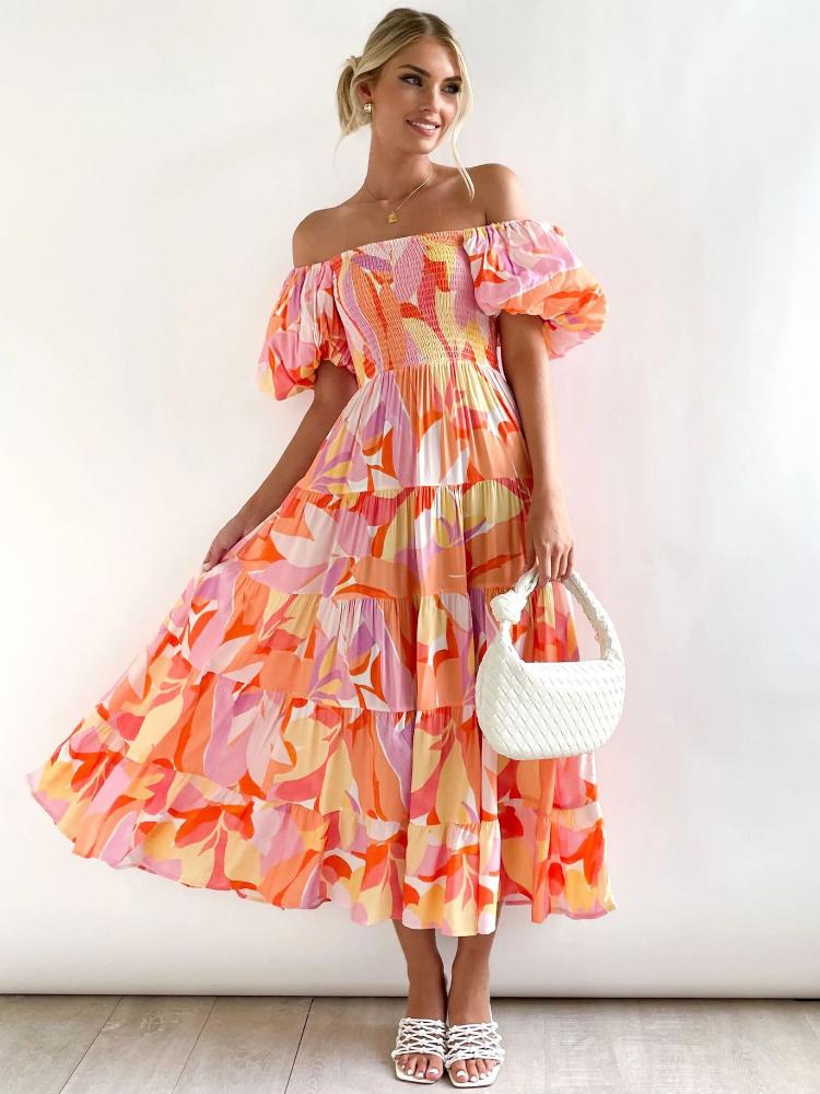 Printed Off-shoulder Puff Sleeve Maxi Dress