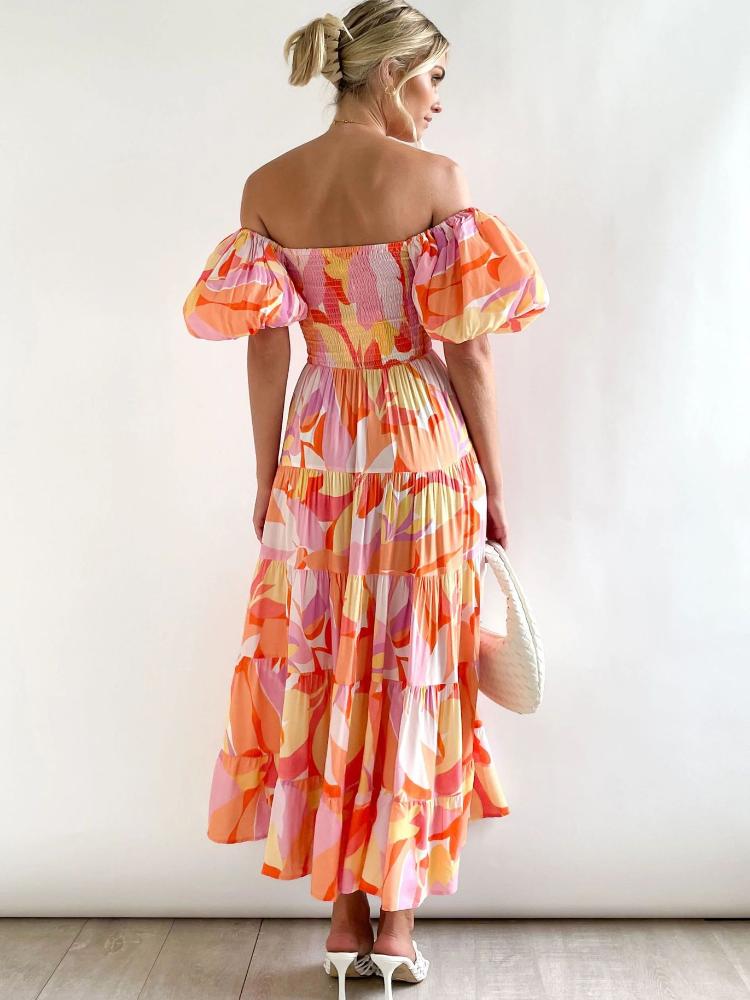 Printed Off-shoulder Puff Sleeve Maxi Dress