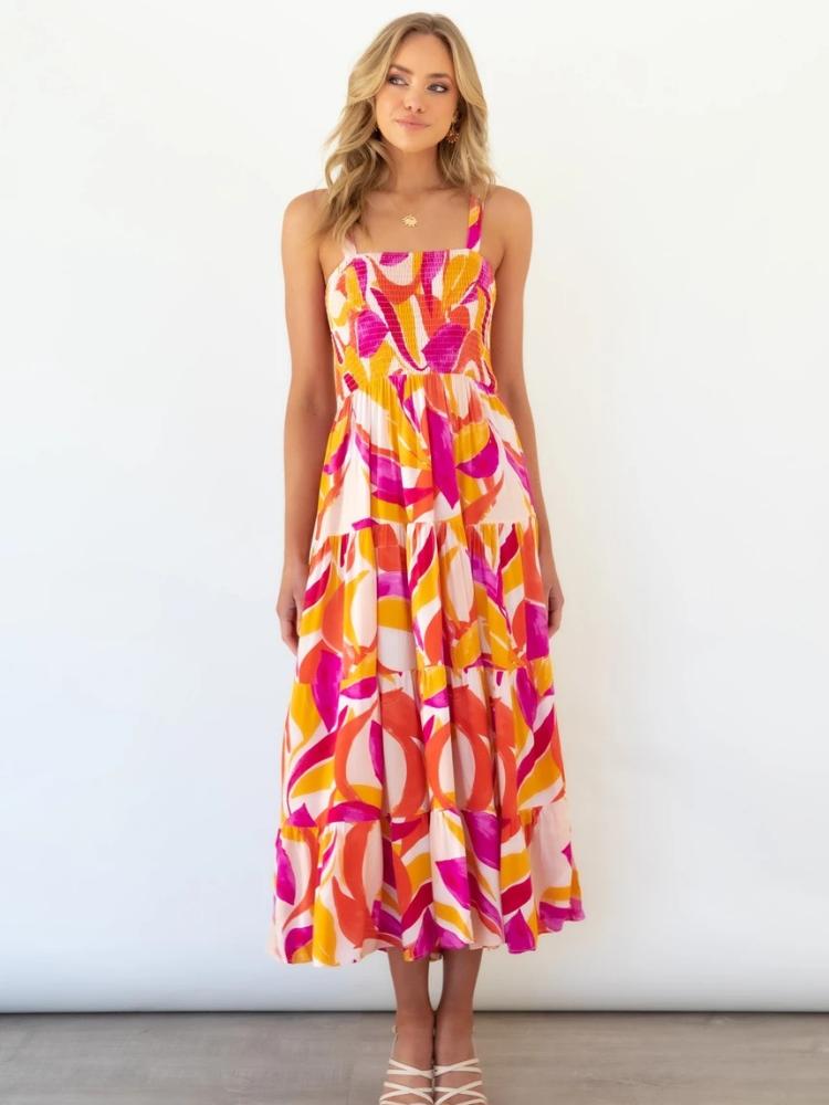 Andrea Printed Shirred Bodice Tiered Sundress