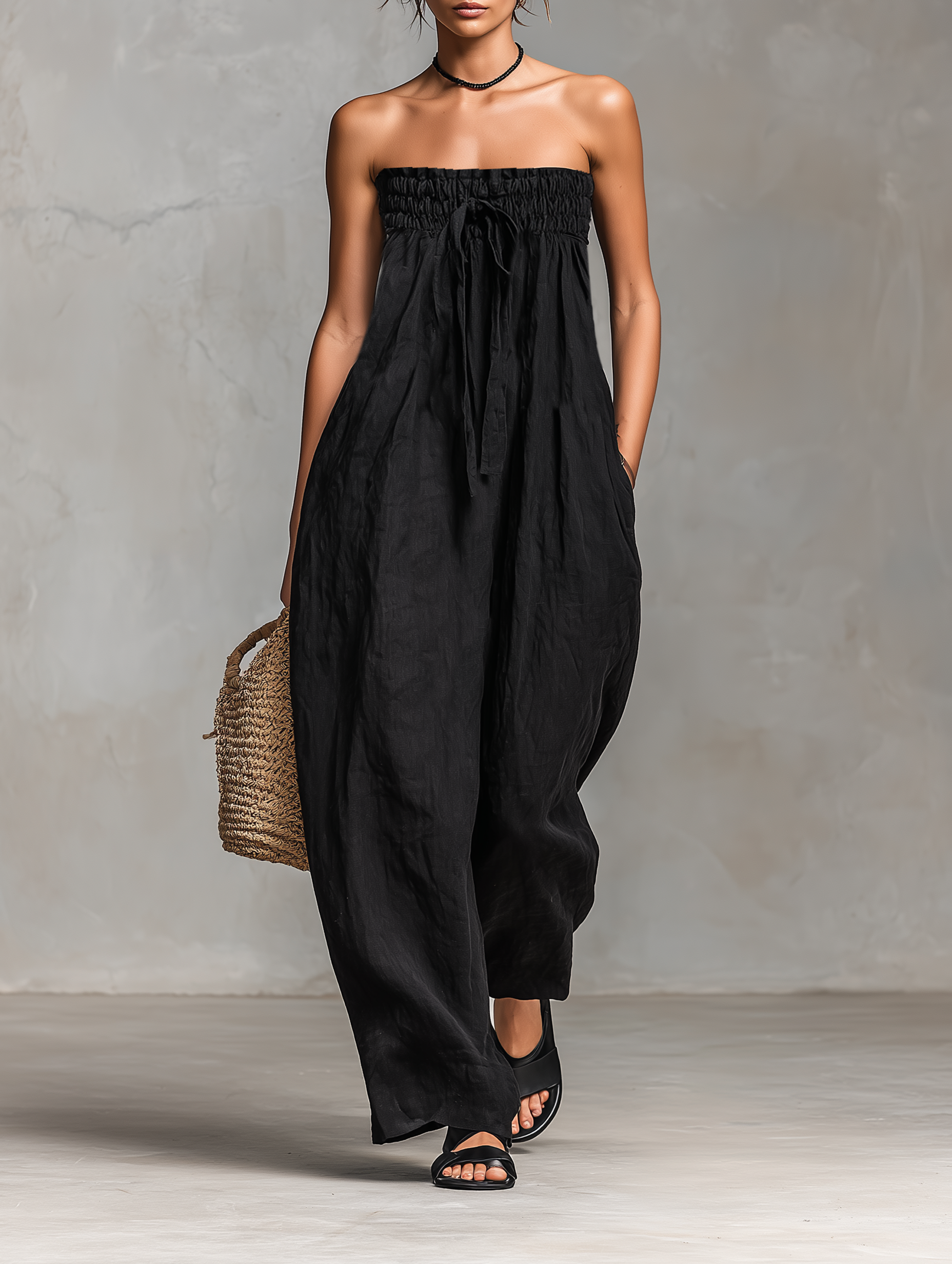 Loose-Fit Linen-Blend Strapless Tie Jumpsuit