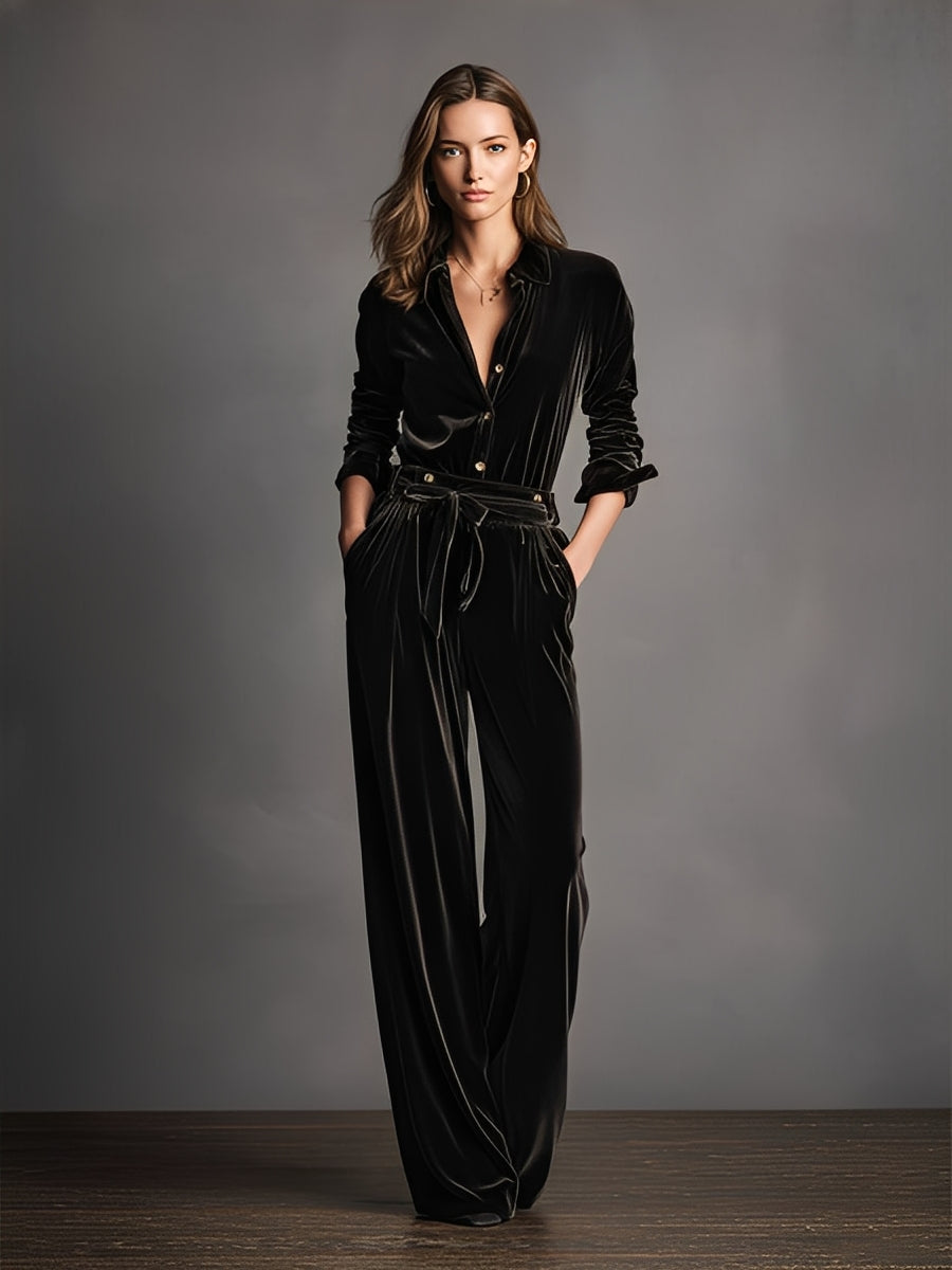 Black Velvet Lace-up Gold Button Jumpsuit