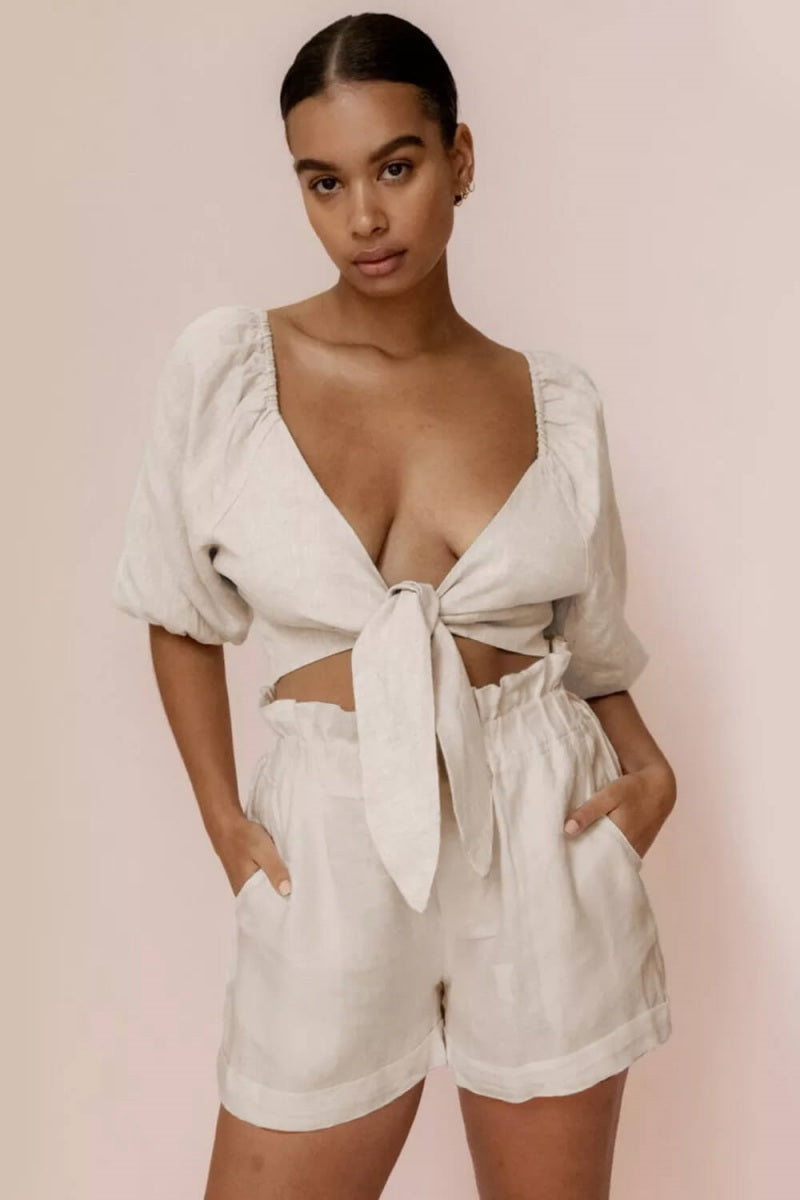 Linen Wrap Front Puff Sleeve Shorts Sets In Khaki