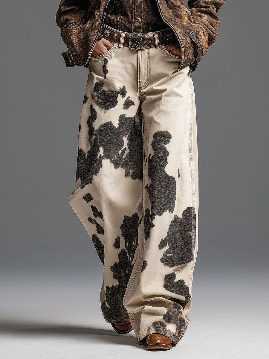 Retro And Fashionable Western Cow Pattern Pants