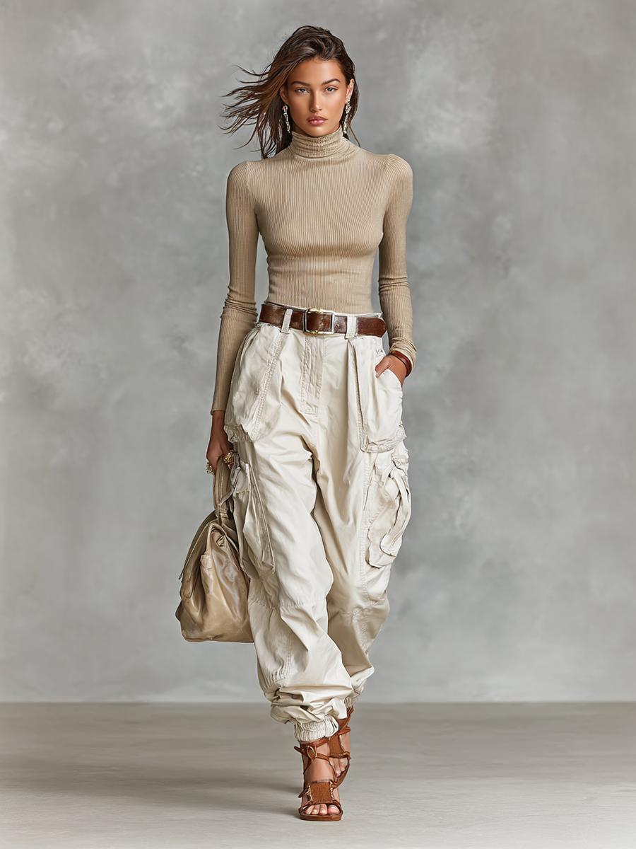 Tight High Neck Long Sleeve T-shirt Two-piece Set