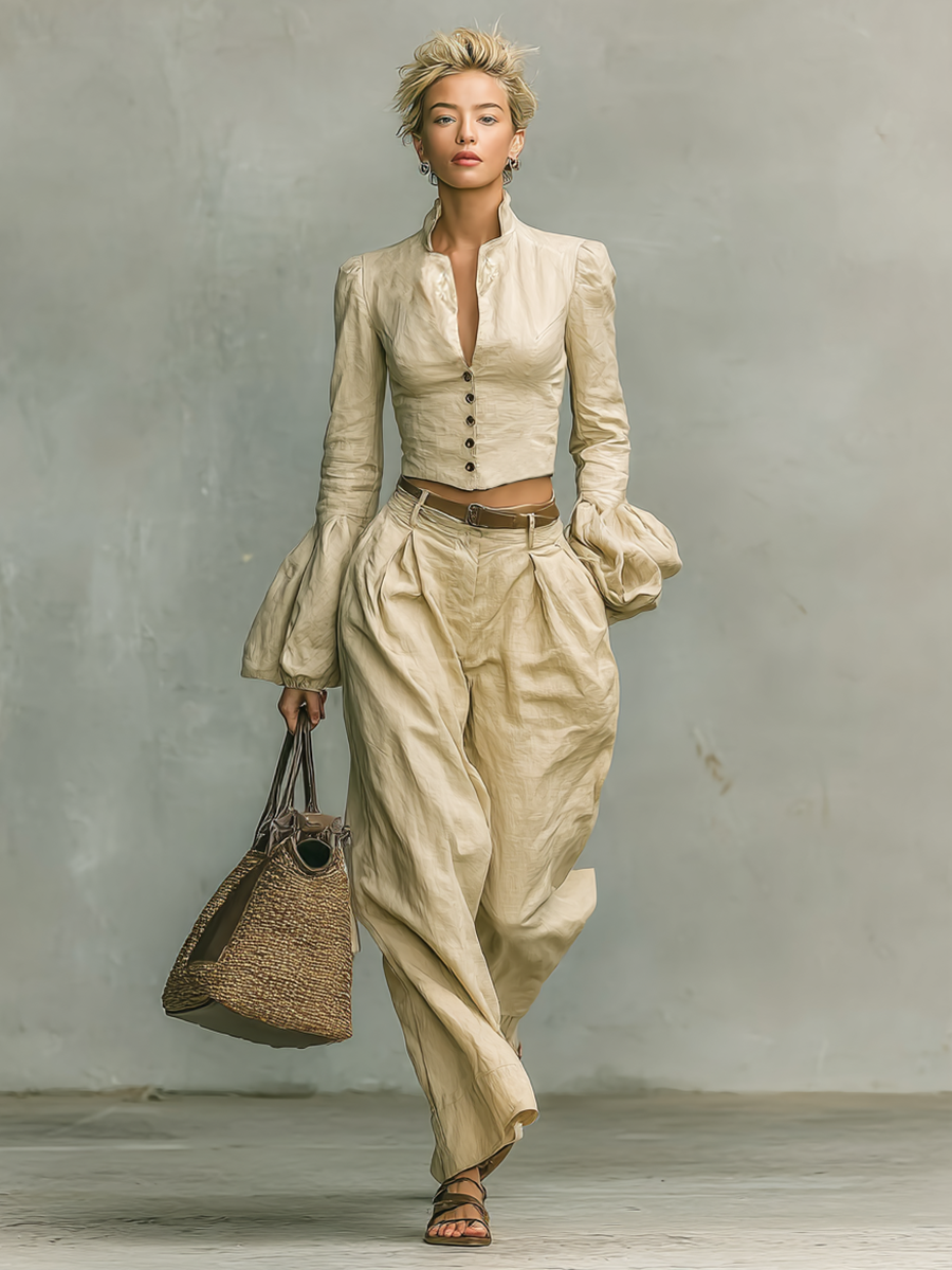 Retro Fabric Collar Shirt Trousers Two-piece Set