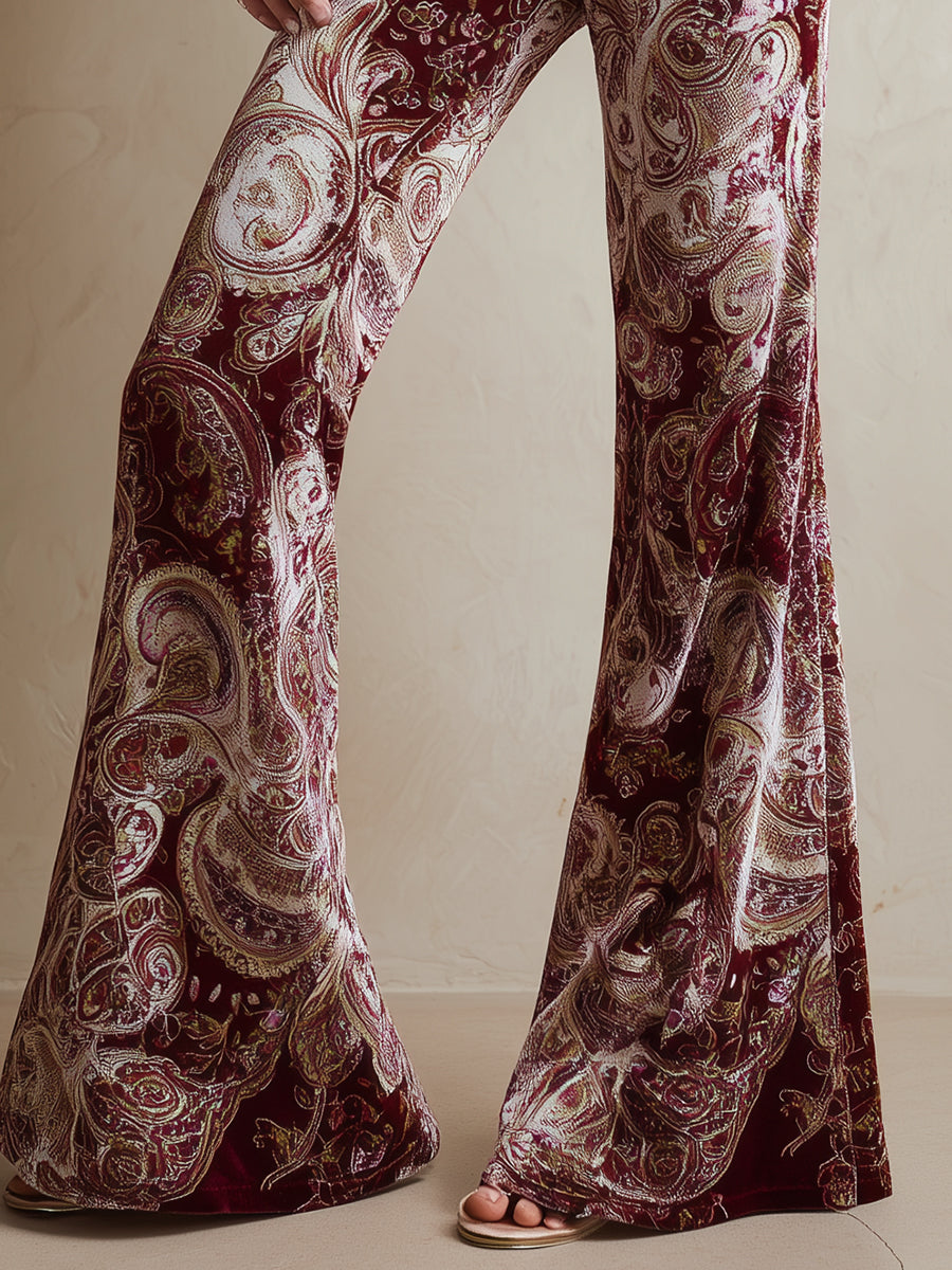 Vintage Paisley Print Burgundy Velvet Pants