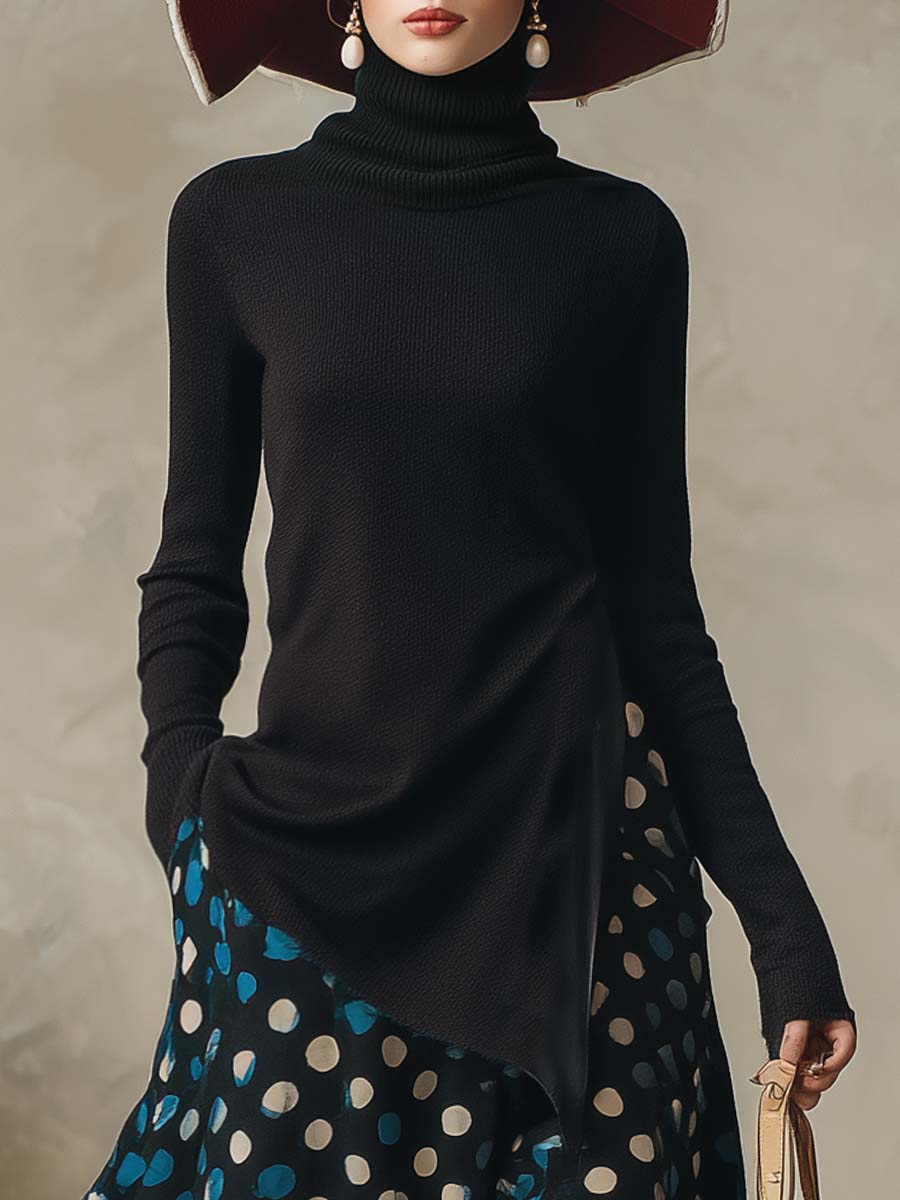 Black Top Blue Satin Polka Dot Printed Skirt Set