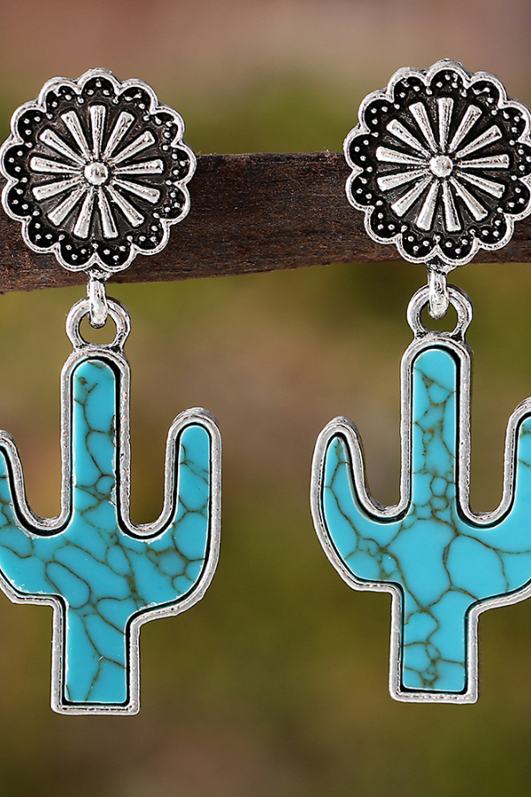 Western Retro Turquoise Cactus Flower Earrings