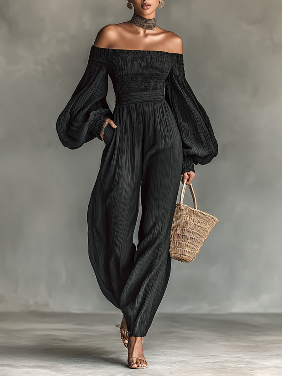 Off-the-shoulder Long-sleeved Pleated Jumpsuit